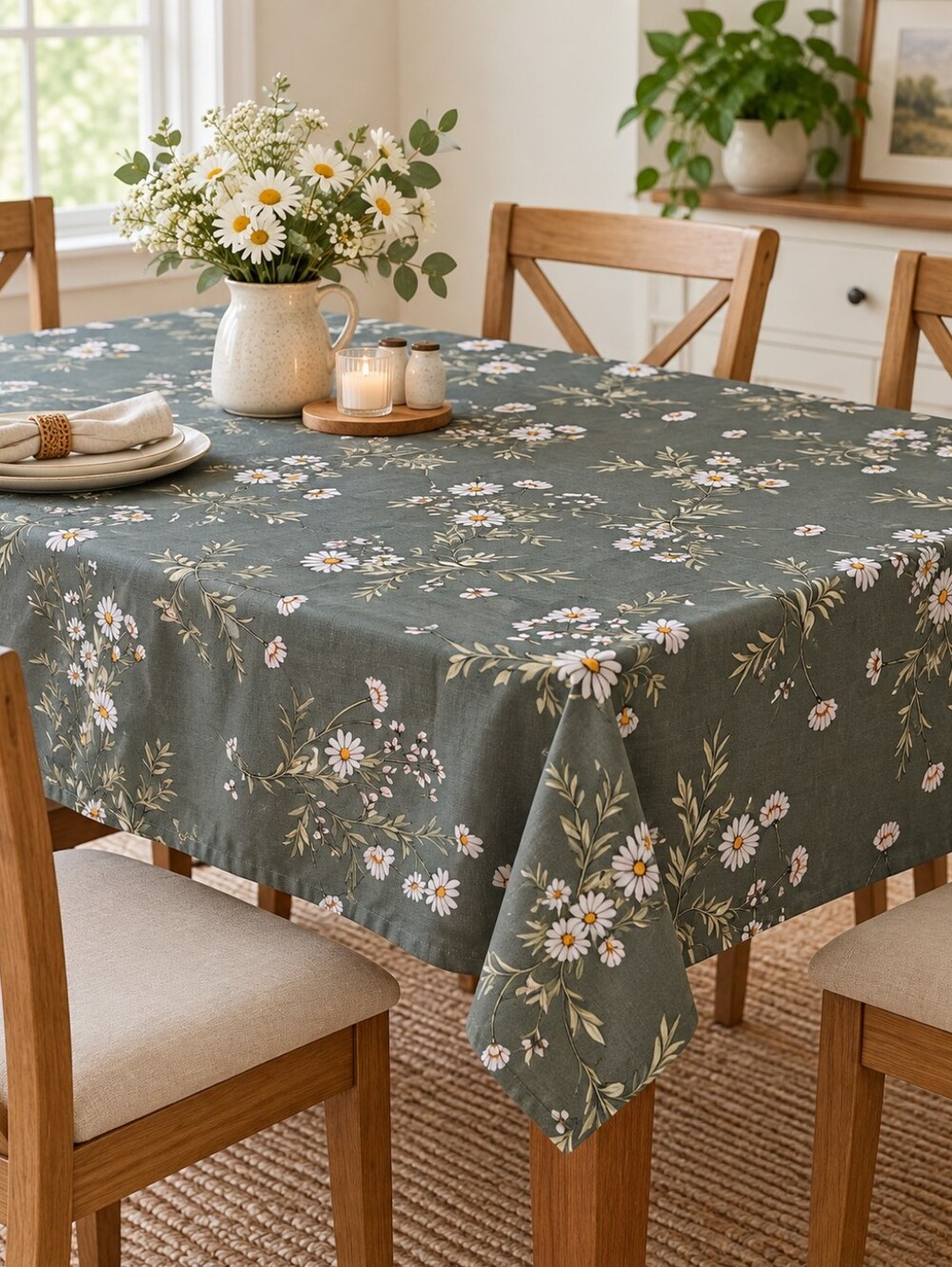Sage Green Daisy Floral Tablecloth 55” x 72” Cottagecore Farmhouse